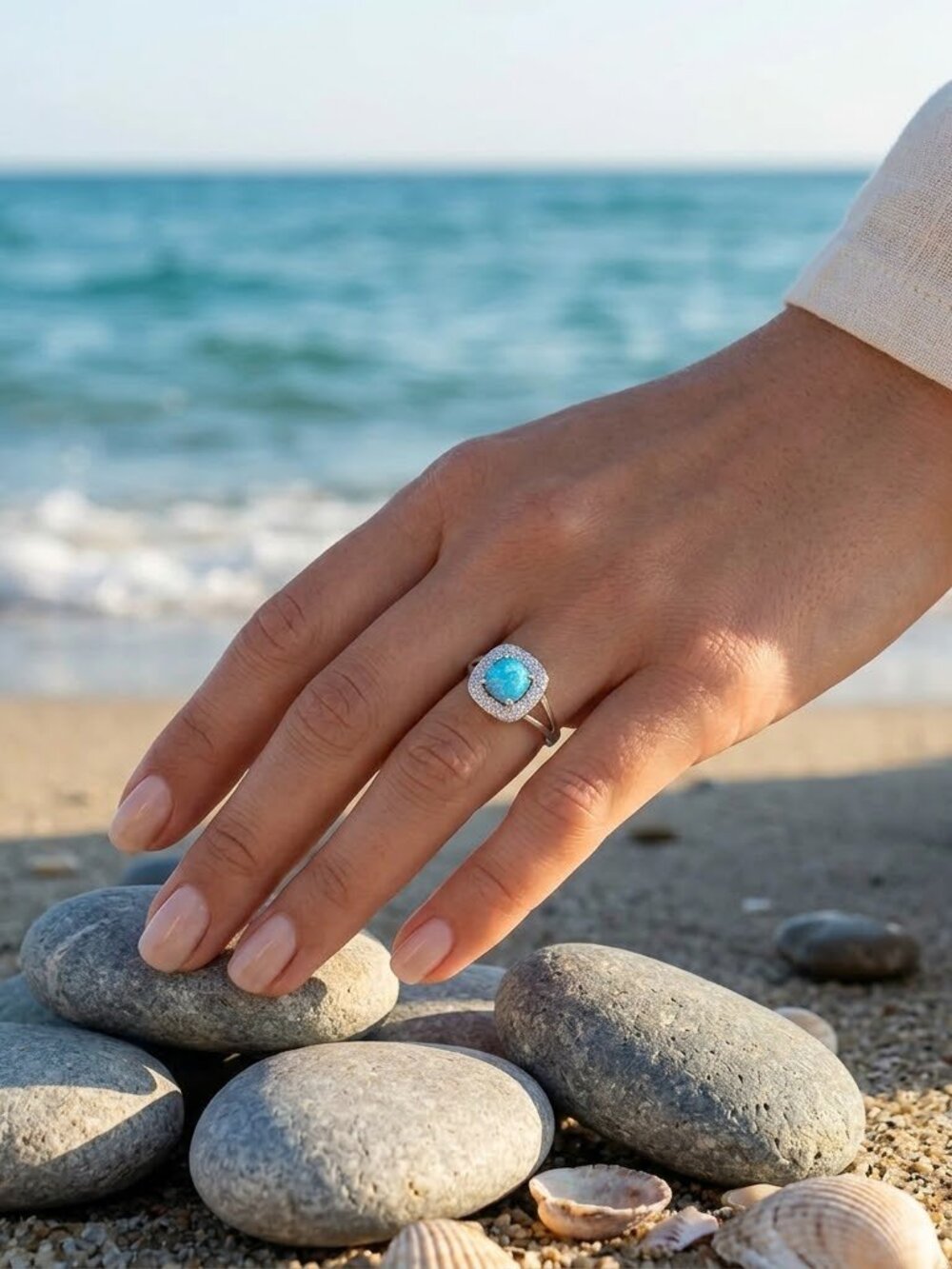 Blue opal CZ pave Halo Sterling silver ring size 8 🆕 - Picture 9 of 9